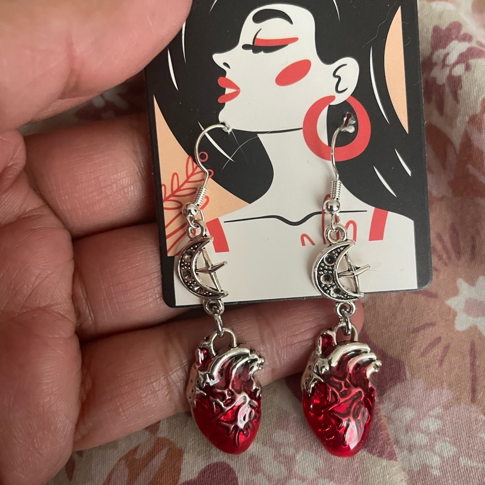 Gothic style Silver and Red tone Anatomical Heart Earrings